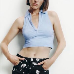 Zara Light Blue Collared Ribbed Crop Top Small